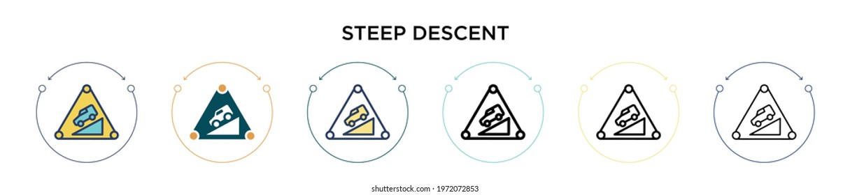 Steep descent sign icon in filled, thin line, outline and stroke style. Vector illustration of two colored and black steep descent sign vector icons designs can be used for mobile, ui, web