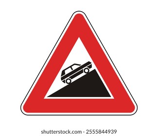 Steep Descent Warning Sign Featuring Red Triangle and Black Car Descending a Slope, Indicating a Steep Decline Ahead, Available as a Vector File