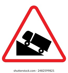 Steep descent warning sign, red triangle, black arrow, traffic symbol, Cautionary Road Sign.
