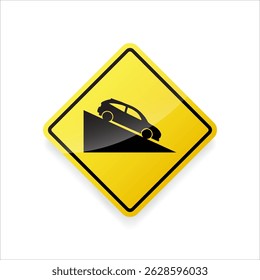 Vetor de sinal de trânsito de descida íngreme, aviso de uma descida aguda à frente. Forma de losango amarelo, isolado sobre fundo branco