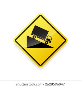 Vetor de sinal de trânsito de descida íngreme, aviso de uma descida aguda à frente. Forma de losango amarelo, isolado sobre fundo branco