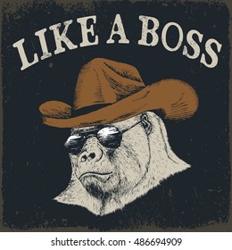 Steep gorilla in cowboy hat.Prints design for t-shirts