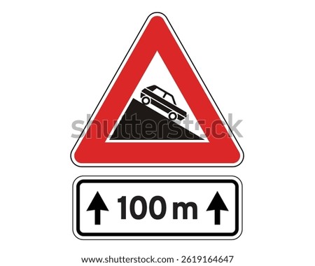Steep Incline Ahead Warning, Distance Notice for Road Hazard – High Quality Stock Image
