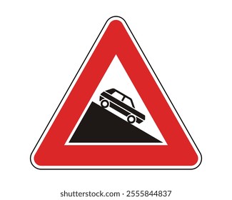 Steep Incline Warning Sign Featuring Red Triangle and Black Car Ascending a Slope, Indicating a Steep Hill Ahead, Available as a Vector File