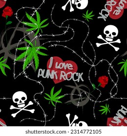 Steep punk rock seamless pattern. Skulls, bones, cannabis leaves, barbed wire, red roses, hearts, inscriptions are randomly arranged on a black background. Vector.