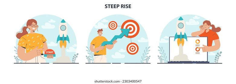 Steep rise of business development set. Market boost and profit growth. Marketing campaign development and success. Flat vector illustration