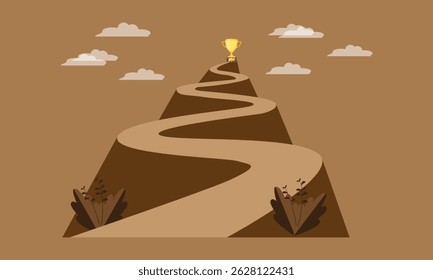 route escarpée avec un trophée à sa destination, Calendrier de développement de la planification du projet en entreprise, Feuille de route, Carte des itinéraires importants avec des abonnements d'action, Calendrier du projet.