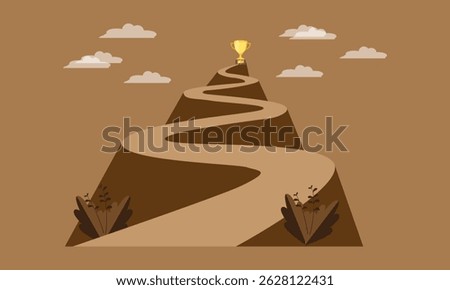 steep road with a trophy at its destination, Project planning development schedule in business, Road map, Map of important routes with action plans, Project schedule.