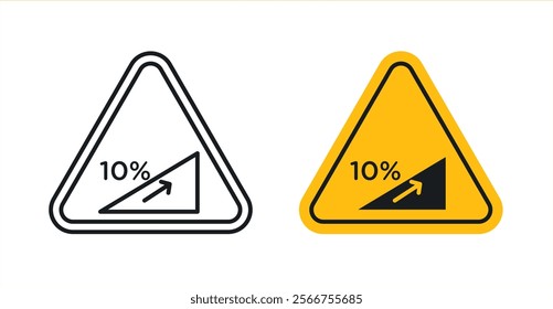 Steep slope ahead signs in black outline, solid and colored style