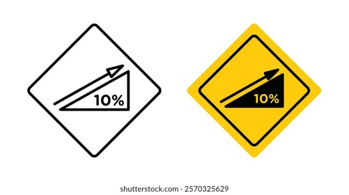 Steep slope ahead signs vectors set in black. line and flat versions