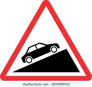 Steep uphill slope moving car warning sign on mountain road. Red triangle background.