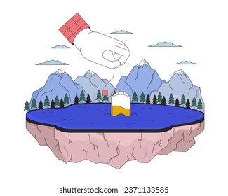 Steeping teabag into mountain lake 2D linear illustration concept. Surreal dunking tea bag in water cartoon scene isolated on white. Organic tea brewing metaphor abstract flat vector outline graphic