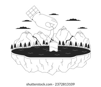 Steeping teabag into mountain lake black and white 2D illustration concept. Surreal dunking tea bag in water cartoon outline scene isolated on white. Organic tea brewing metaphor monochrome vector art