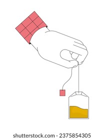 Steeping teabag linear cartoon character hand illustration. Holding tea bag outline 2D vector image, white background. Brewing drink. Putting teabag in. Dunking tea bag editable flat color clipart