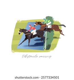 Steeple chase or obstacle race vector illustration, two horses jumping over a ditch obstacle on a race track