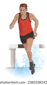 steeplechase male runner running over water obstacle isolated on a white background