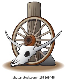 Steer Skull against wagon wheel