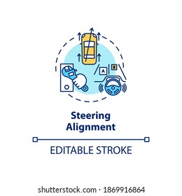 Steering alignment concept icon. Road test auto, suspension inspection, tire pressure adjusting idea thin line illustration. Vector isolated outline RGB color drawing. Editable stroke