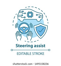 Steering assist concept icon. Smart car. Steering support. Driverless vehicle. Safe driving autopilot idea thin line illustration. Vector isolated outline drawing. Editable stroke