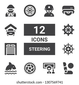 steering icon set. Collection of 12 filled steering icons included Airbag, Wheel, Dolphin, Helm, Garage, Drive, Driver