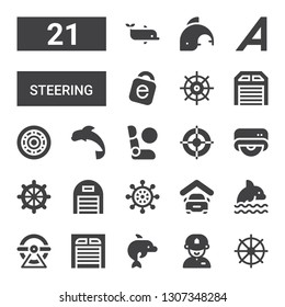 steering icon set. Collection of 21 filled steering icons included Helm, Driver, Dolphin, Garage, Wheel, Drive, Airbag, Idrive, Adrive