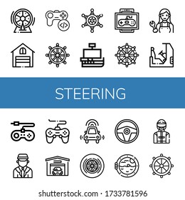 steering icon set. Collection of Wheel, Garage, Game, Helm, Caravel, Mechanic, Racing, Game console, Chauffeur, Autonomous car, Steering wheel, Boat porthole, Driver icons