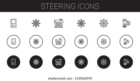 steering icons set. Collection of steering with console, rudder, garage, driver. Editable and scalable steering icons.