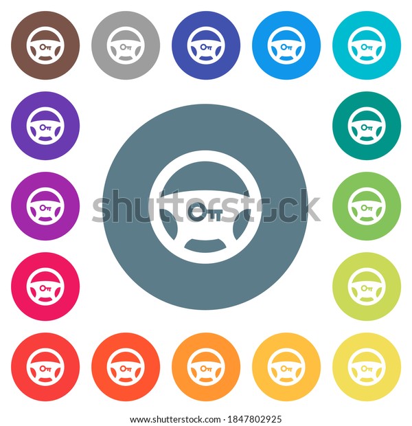 Steering lock flat white\
icons on round color backgrounds. 17 background color variations\
are included.