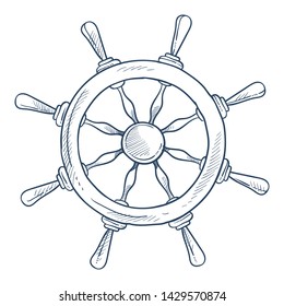 Pieza del buque de madera de la rueda de dirección o de la rueda de la rueda de la rueda aislada boceto icono símbolo marino vectorial o elemento náutico travesía o barco de la travesía o control de yates mango de madera exploración del mar y la navegación oceánica.