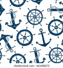 Steering ship wheel and anchor seamless pattern, vector illustration
