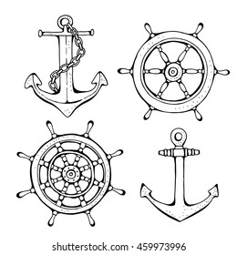 Steering ship wheel and anchor, vector illustration on white background