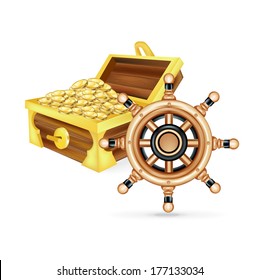 steering ship wheel and treasure chest isolated on white background