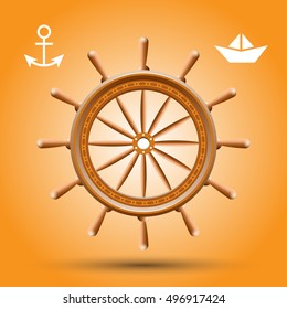 Steering vessel wooden. Steering wheel and ship steering. Vector illustration