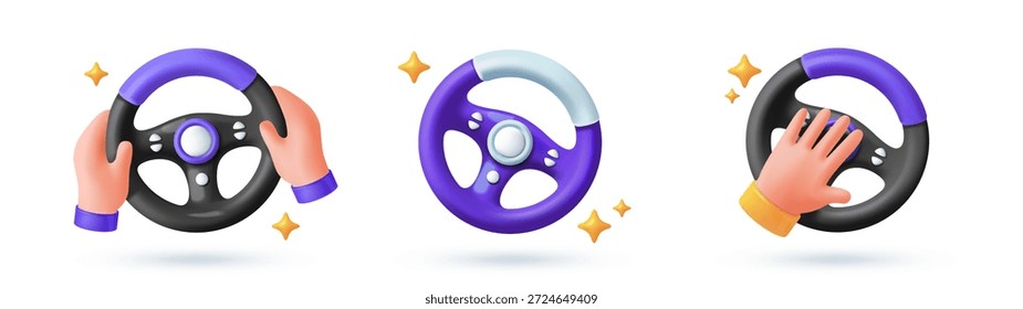 Conjunto de iconos 3D del volante. Concepto de conducción, coche de funcionamiento y vehículo. Elementos de diseño para App, Sitios web o juegos. Colección de Ilustración vectorial de estilo de plastilina aislada sobre fondo