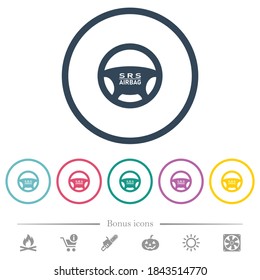 Steering wheel airbag flat color icons in round outlines. 6 bonus icons included.