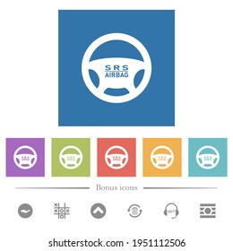Steering wheel airbag flat white icons in square backgrounds. 6 bonus icons included.