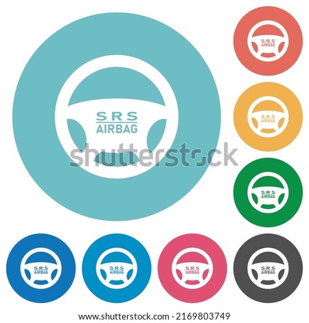 Steering wheel airbag flat white icons on round color backgrounds
