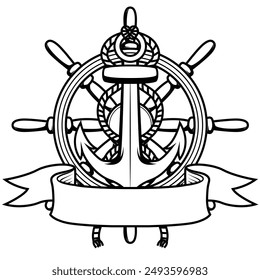 Steering wheel and anchor with blank banner drawing illustration. Nautical deisgn