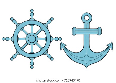 Steering wheel and anchor. Blue vector illustration isolated on white background