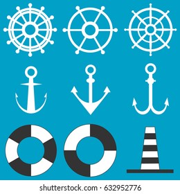 Steering wheel, anchor and buoy. Flat design, vector illustration, vector.