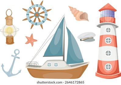 Steering wheel, anchor, lamp, ship, captain's hat, lighthouse. Marine, sea coast, sea life, nautical concept. Vector illustration. Website, banner template.
