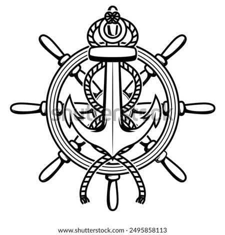 Steering wheel and anchor with vector illustration.  Sailor nautical deisgn	

