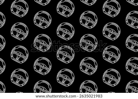 steering wheel auto vehicle line art seamless pattern on black background. retro car handle interior pattern wallpaper for sport, automotive, garage, spare part, industry merchandise
