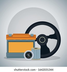steering wheel with car battery and air filter over gray background, colorful design, vector illustration