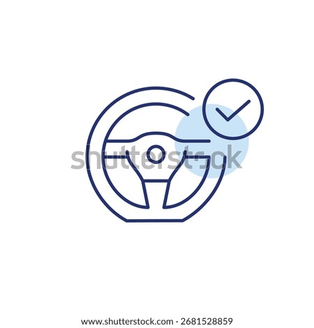 Steering wheel and checkmark. Safe driving, destination approved, certified vehicle comfort. Pixel perfect, editable stroke vector icon