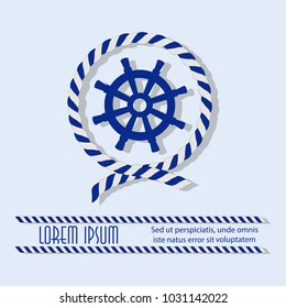 Steering wheel in a circle with a sea rope.  Emblem. Sticker. Poster with place for text. The concept of maritime navigation, competitions, 