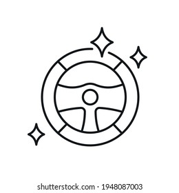 Steering wheel cleaning linear icon. Car wash. Thin line customizable illustration. Contour symbol. Vector isolated outline drawing. Editable stroke