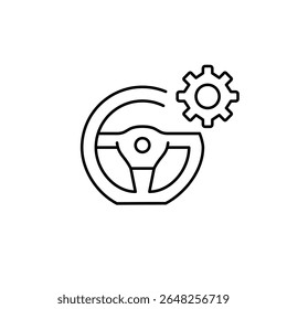 Steering wheel and cogwheel. Driving control settings, steering system configuration, vehicle handling adjustment, automotive precision tuning, interface management. Pixel perfect, editable stroke vec