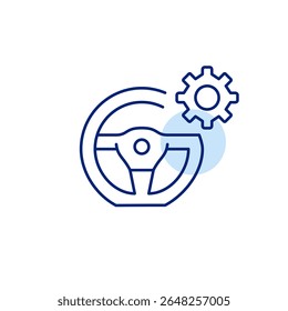 Steering wheel and cogwheel. Driving control settings, steering system configuration, vehicle handling adjustment, automotive precision tuning, interface management. Pixel perfect, editable stroke vec