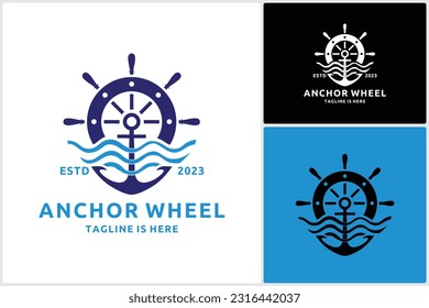 Steering Wheel Combination with Anchor and Sea Wave for Boat Logo Vector Design Inspiration